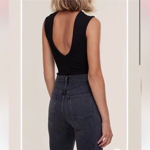 AGOLDE SUTTON V BACK BODYSUIT IN BLACK Sz S Ribbed Organic Cotton
